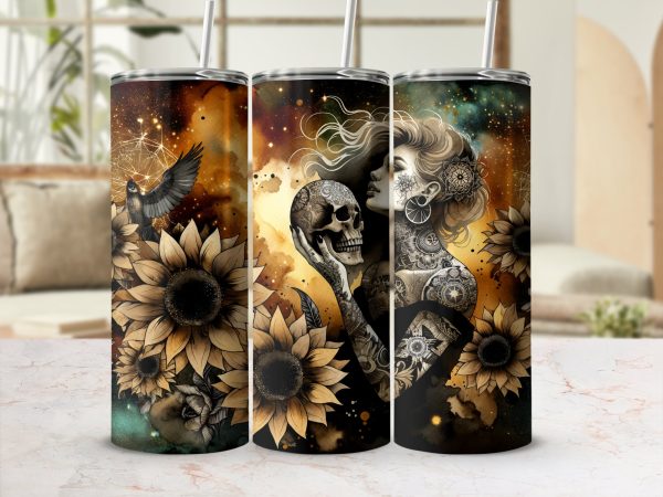 Gothic Sunflower Tattoo Art 20oz Skinny Tumbler Sublimation Wrap PNG