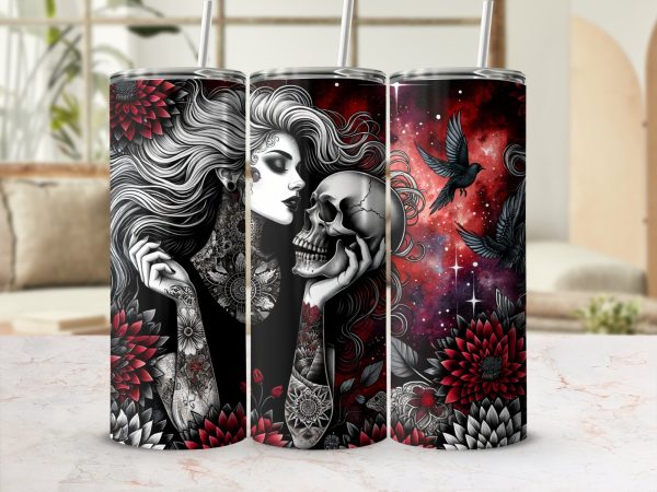 Gothic Tattooed Woman Holding Skull Artwork 20oz Skinny Tumbler Sublimation Wrap PNG