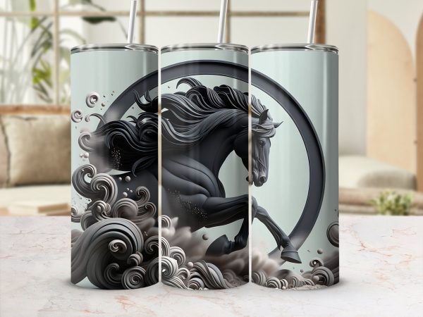 Majestic Black Horse and Waves Art 20oz Skinny Tumbler Wrap Sublimation PNG