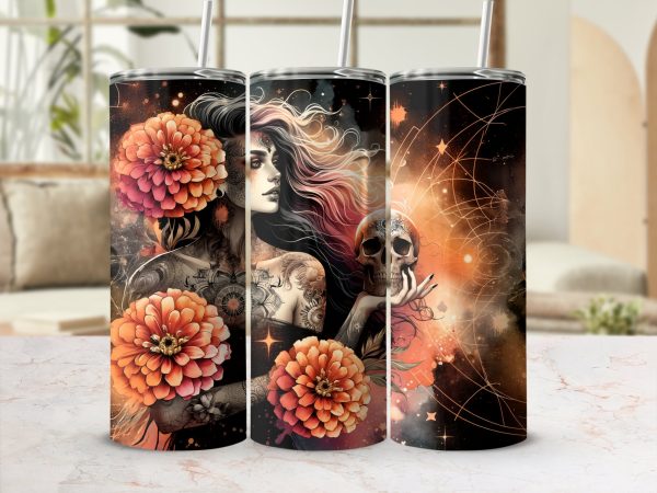 Mystical Tattooed Woman with Skull 20oz Skinny Tumbler Sublimation Wrap PNG