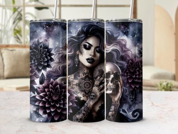 Celestial Gothic Woman Holding Skull 20oz Skinny Tumbler Sublimation Wrap PNG