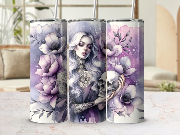 Enchanting Gothic Art Woman with Skull 20oz Skinny Tumbler Sublimation Wrap PNG