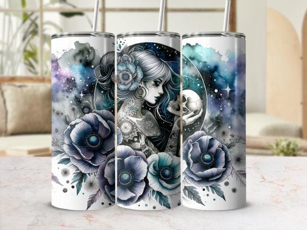 Stunning Galaxy Flowers and Woman 20oz Skinny Tumbler Sublimation Wrap PNG