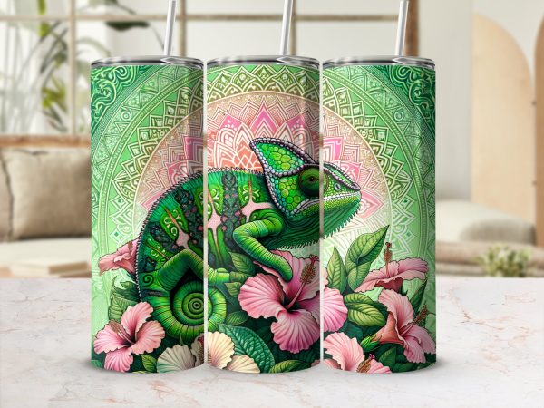 Vibrant Chameleon Floral Design 20oz Skinny Tumbler Sublimation Wrap PNG