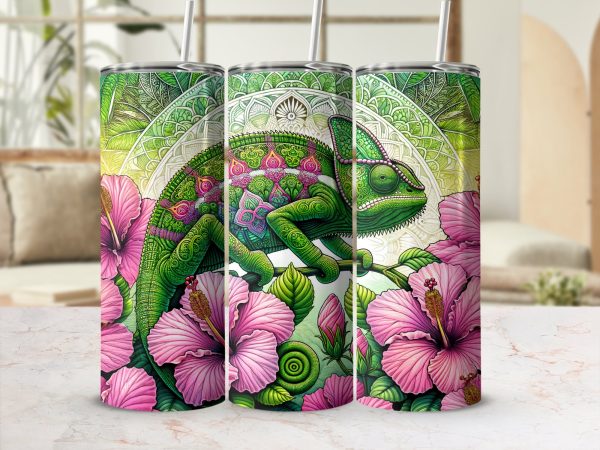 Colorful Chameleon with Flowers 20oz Skinny Tumbler Sublimation Wrap PNG