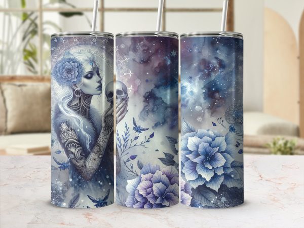 Enigmatic Gothic Woman with Floral Designs 20oz Skinny Tumbler Sublimation Wrap PNG