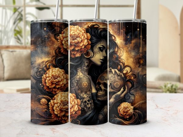 Enigmatic Lady Skull Flowers Tattoo 20oz Skinny Tumbler Sublimation Wrap PNG