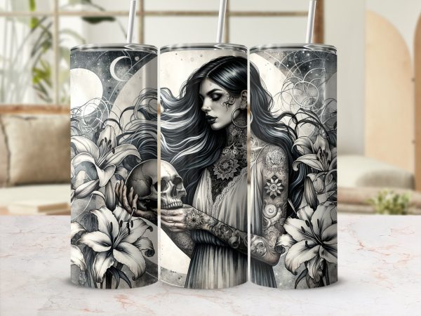 Gothic Woman Holding Skull Tattoo Art 20oz Skinny Tumbler Sublimation Wrap PNG