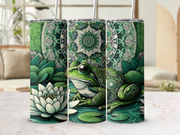 Intricate Frog and Lotus Design 20oz Skinny Tumbler Sublimation Wrap PNG