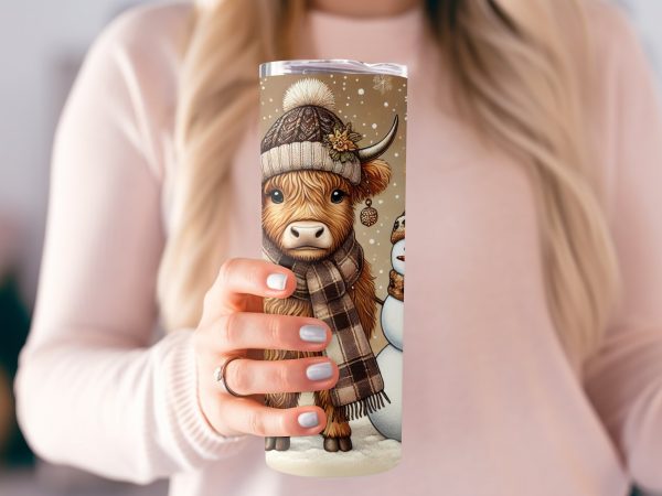 Festive Cow and Snowman Christmas Scene 20oz Skinny Tumbler Sublimation Wrap - Image 2