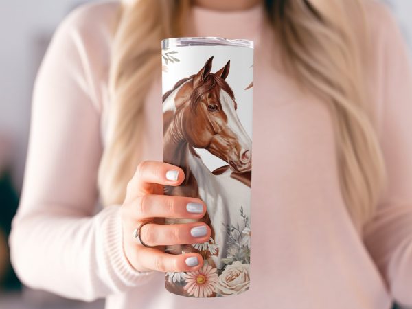 Floral Horse with Rustic Flowers 20oz Skinny Tumbler Sublimation Wrap - Image 2