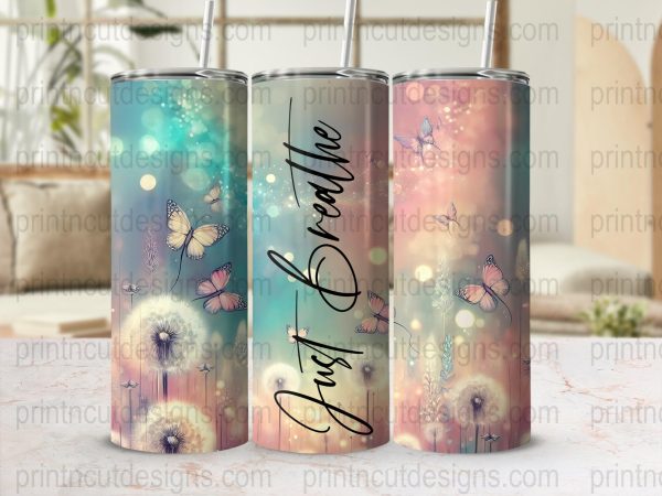 Just Breathe Pastel Butterflies Fantasy Scene 20oz Skinny Sublimation Tumbler Wrap