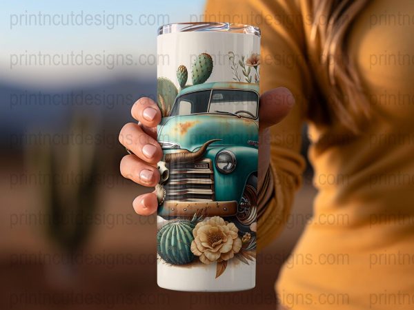 Vintage Teal Truck with Cactus 20oz Skinny Sublimation Tumbler Wrap - Image 2