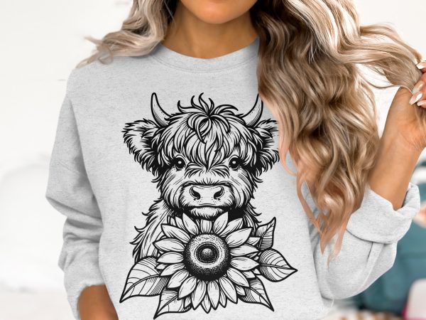 Highland Cow Holding Sunflower Laser SVG Design Element - Image 6