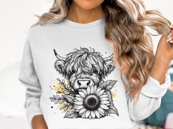 Adorable Highland Cow with Sunflower 300 DPI Transparent PNG - Image 2