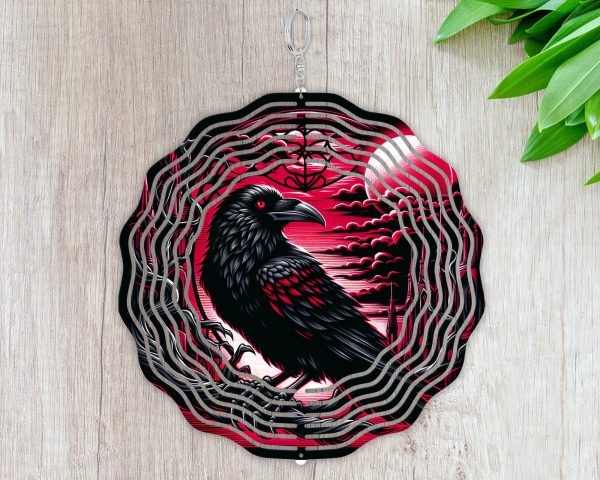 Gothic Raven Red Moon Wind Spinner Sublimation Design PNG