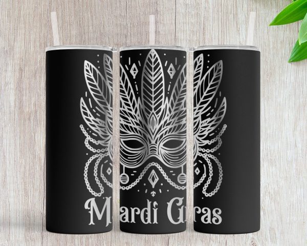 Mardi Gras Masquerade Feather Mask with Beads 20oz Skinny Tumbler Laser SVG Design