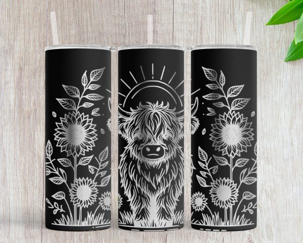 Highland Cow with Sunflowers 20oz Skinny Tumbler Laser SVG Design