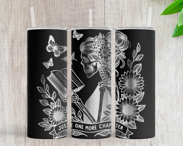 Skeleton Reading Book Floral 20oz Skinny Tumbler Laser SVG Design