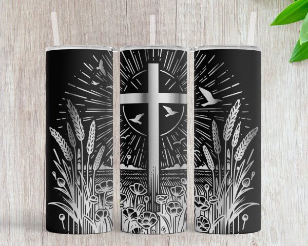 Cross with Wheat and Flowers 20oz Skinny Tumbler Laser Engraving Design SVG