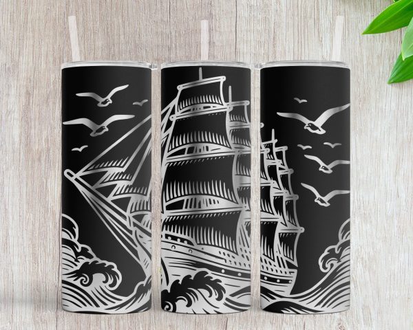 Vintage Sailing Ship With Waves 20oz Skinny Tumbler Laser Engraving Design SVG