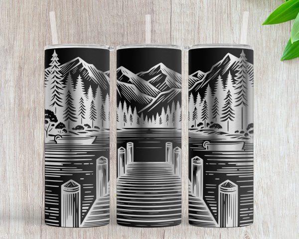 Scenic Lake and Mountain Pier 20oz Skinny Tumbler Laser Engraving Design SVG