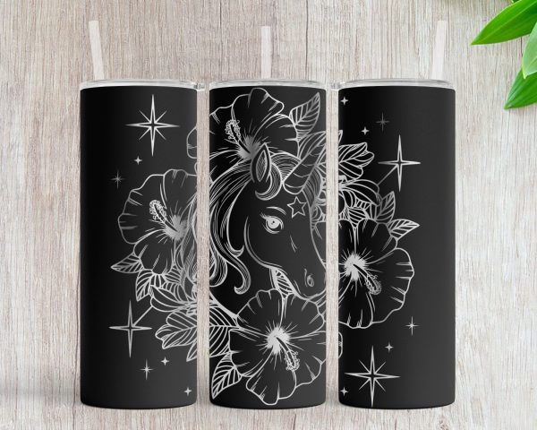 Magical Unicorn and Hibiscus Floral 20oz Skinny Tumbler Laser Engraving Design SVG