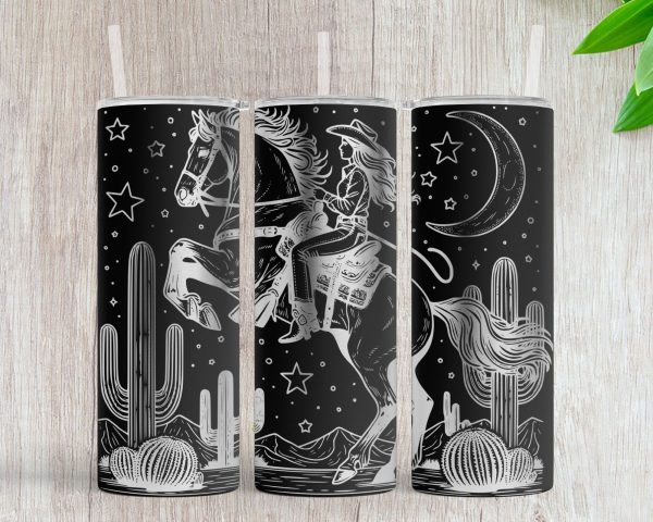 Cowboy Riding Horse Under Moon Stars Cactus 20oz Skinny Tumbler Laser Engraving Design SVG