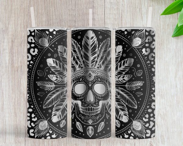 Intricate Skull and Feather Tribal 20oz Skinny Tumbler Laser Engraving Design SVG