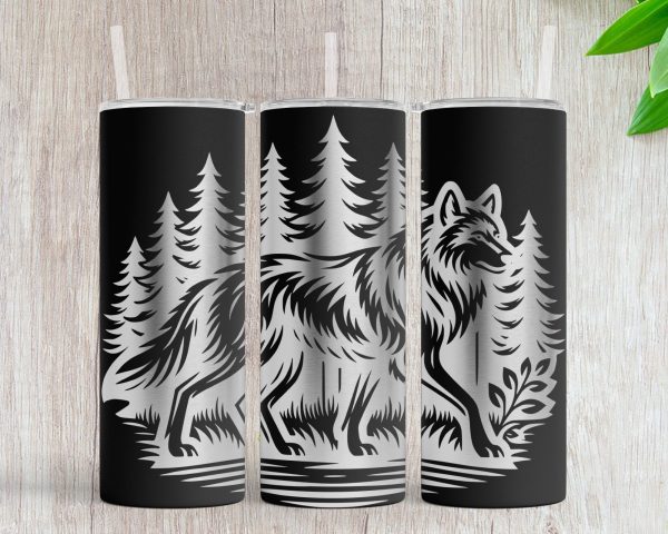 Wolf Silhouette Forest Illustration 20oz Skinny Tumbler Laser Engraved Design SVG