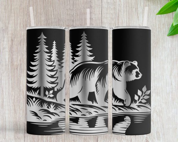 Bear Woodland Forest Scene 20oz Skinny Tumbler Laser Engraved Design SVG