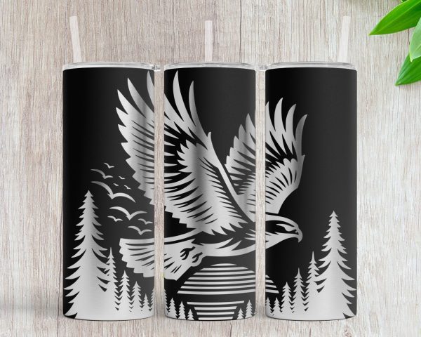 Majestic Eagle Soaring Over Forest Sun 20oz Skinny Tumbler Laser Engraved Design SVG