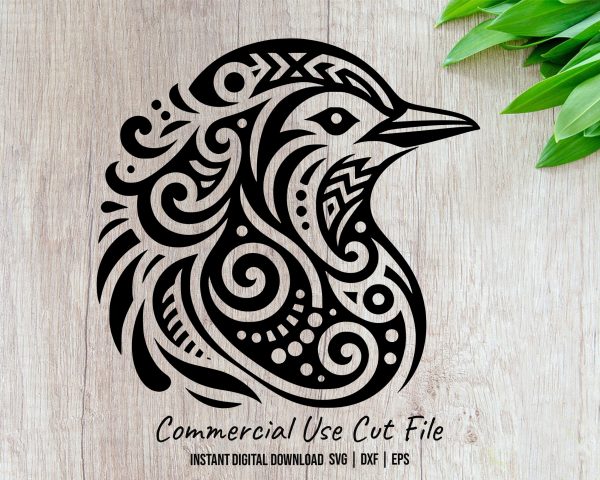 Ornate Bird Head Art Laser SVG Design Element