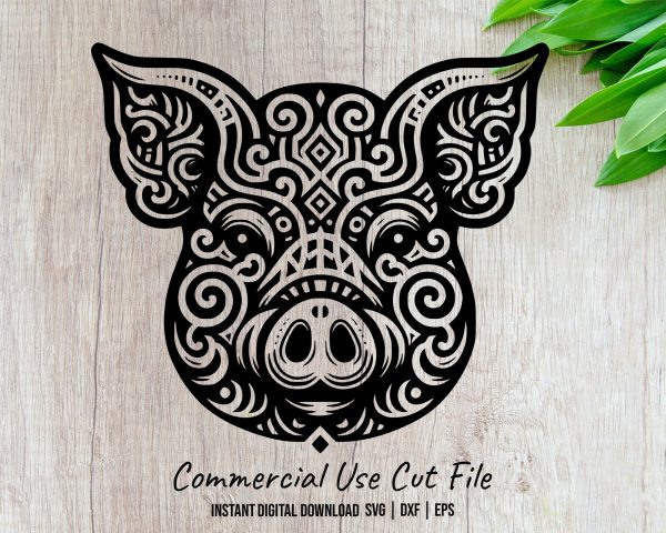 Ornamental Pig Head Artwork Laser SVG Design Element