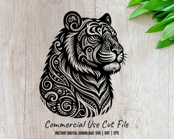 Majestic Tiger Head with Swirls Laser SVG Design Element