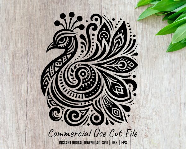 Peacock with Ornamental Patterns Laser SVG Design Element