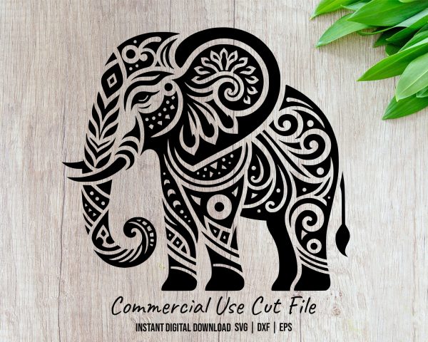 Elephant with Floral Patterns Laser SVG Design Element