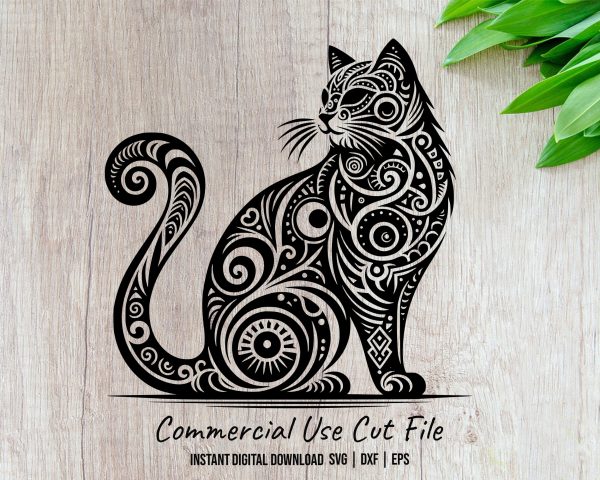 Majestic Cat with Tribal Patterns Laser SVG Design Element