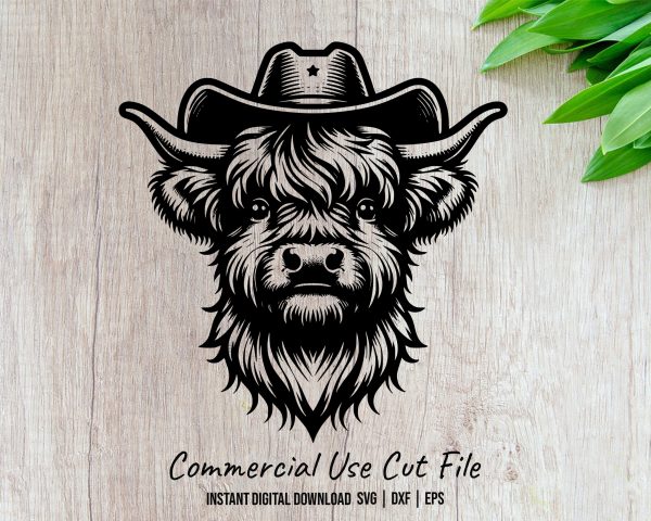 Highland Cow with Cowboy Hat Laser SVG Design Element