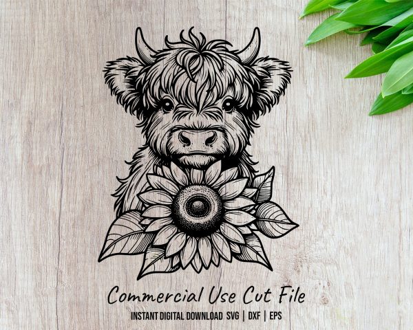 Highland Cow Holding Sunflower Laser SVG Design Element