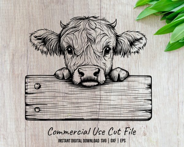 Adorable Highland Cow with Wooden Sign Laser SVG Design Element