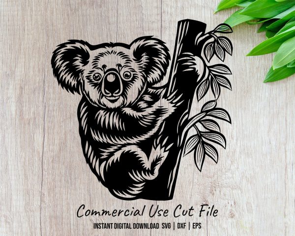 Cute Koala Climbing Tree Detailed Black SVG Design Element