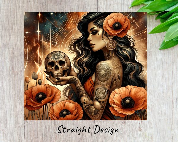 Enchanting Woman With Tattoos Skull And Flowers 20oz Skinny Tumbler Sublimation Wrap PNG - Image 3