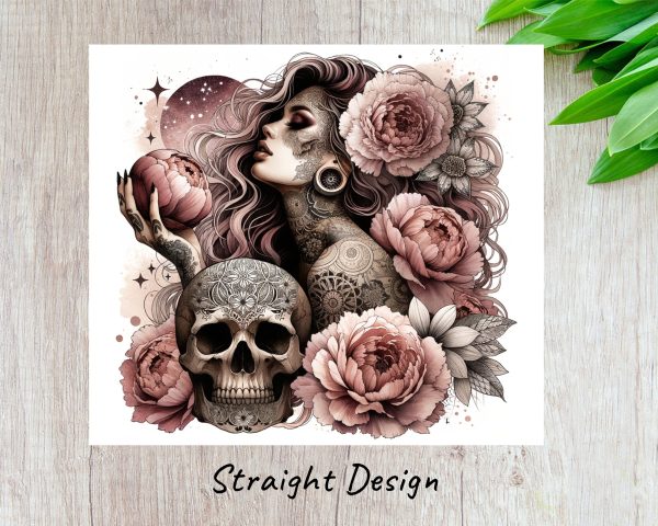 Floral and Skull Design with Tattoo Art 20oz Skinny Tumbler Sublimation Wrap PNG - Image 3