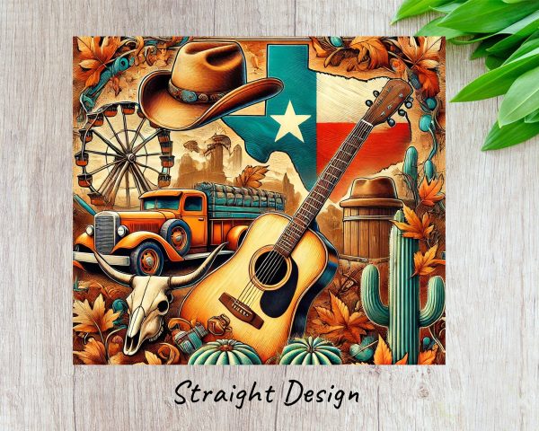 Vintage Texas Theme Guitar and Cowboy Hat 20oz Skinny Tumbler Wrap Sublimation PNG - Image 3