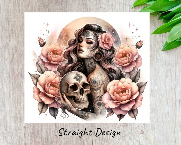 Beautiful Woman Roses Skull Design 20oz Skinny Tumbler Sublimation Wrap PNG - Image 3