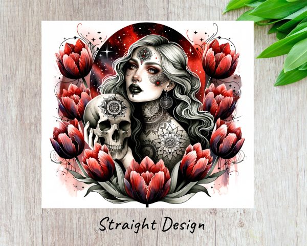 Gothic Woman Holding Skull with Red Tulips Design 20oz Skinny Tumbler Sublimation Wrap PNG - Image 3