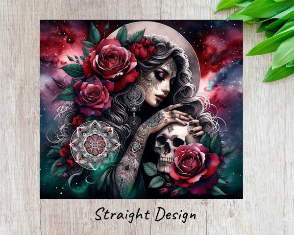 Mystical Tattooed Woman with Roses and Skull Art 20oz Skinny Tumbler Sublimation Wrap PNG - Image 3