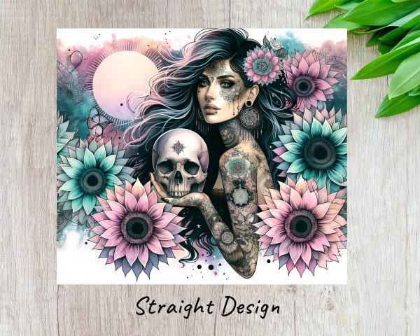 Mystical Tattooed Woman with Skulls Art 20oz Skinny Tumbler Sublimation Wrap PNG - Image 3