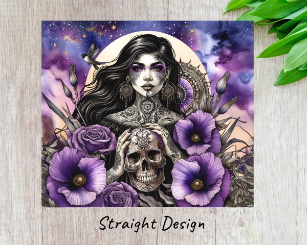 Gothic Woman and Skull with Purple Flowers 20oz Skinny Tumbler Sublimation Wrap PNG - Image 3